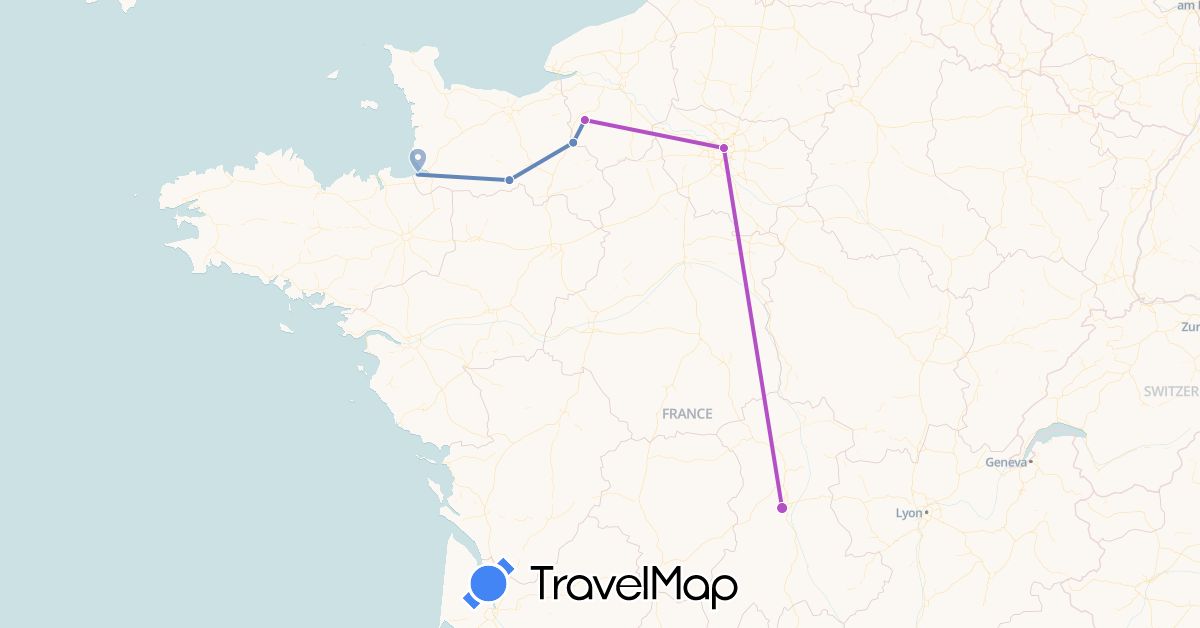 TravelMap itinerary: cycling, train in France (Europe)